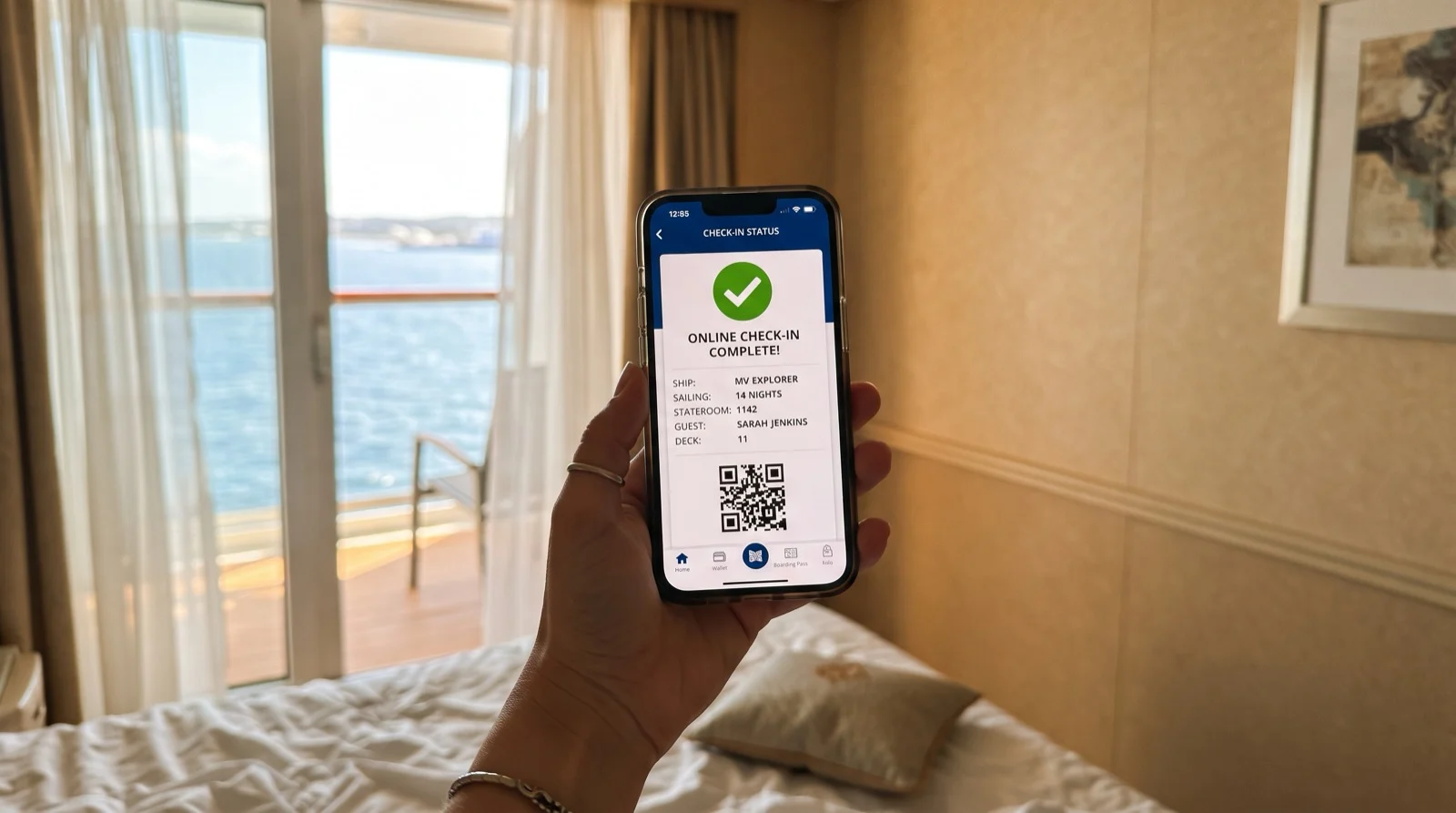 Cruise line app showing a completed online check-in confirmation screen before boarding day