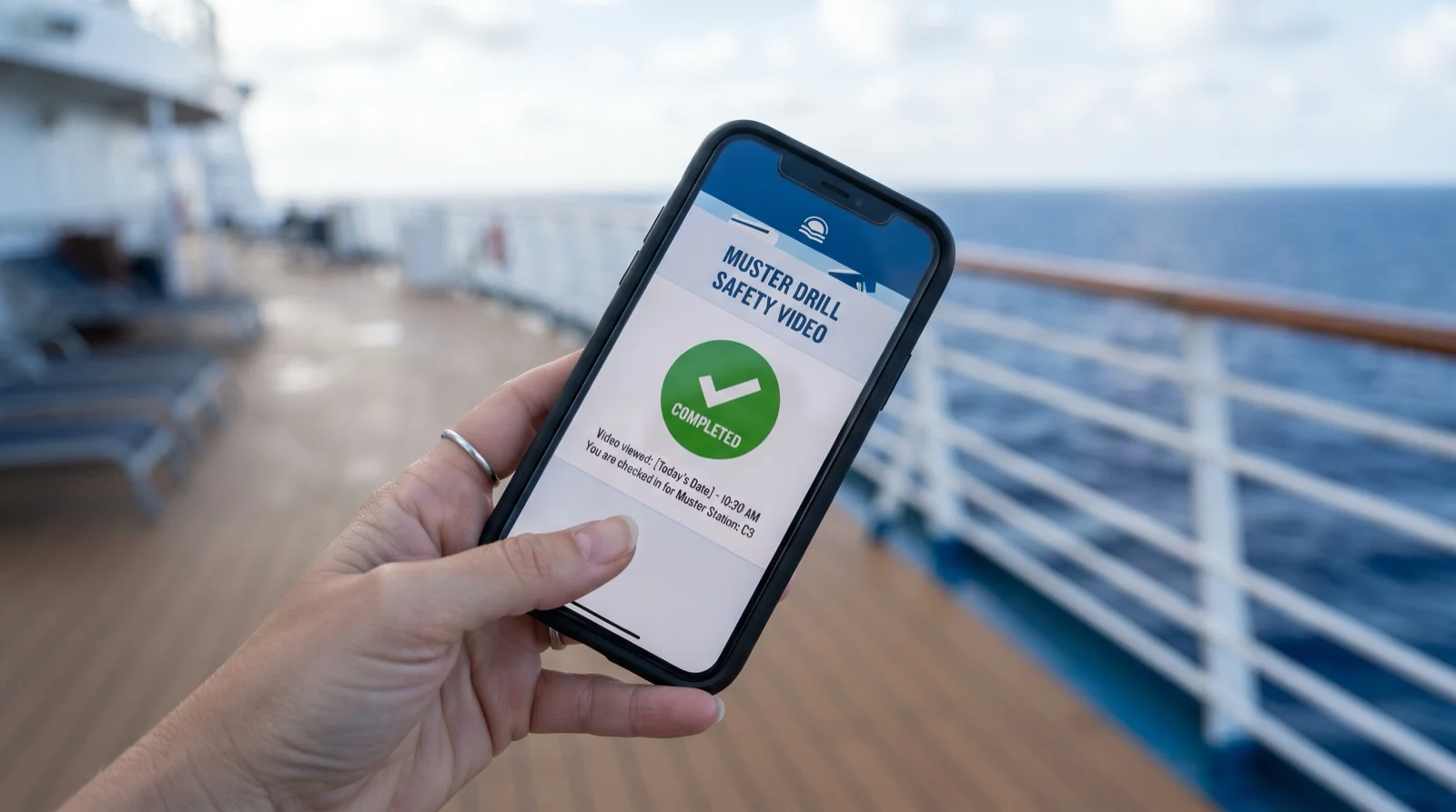 Phone showing the cruise app muster drill safety video completed before visiting the in-person station