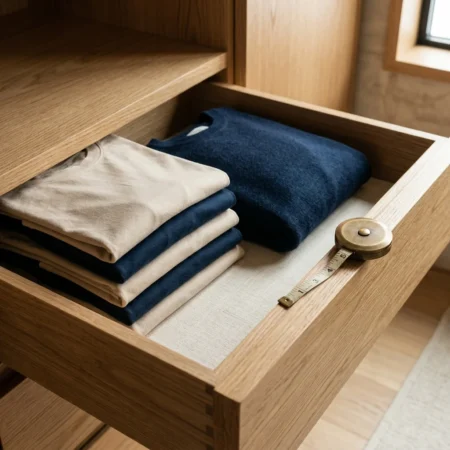 Folded clothes in an open cabin drawer with a brass tape measure