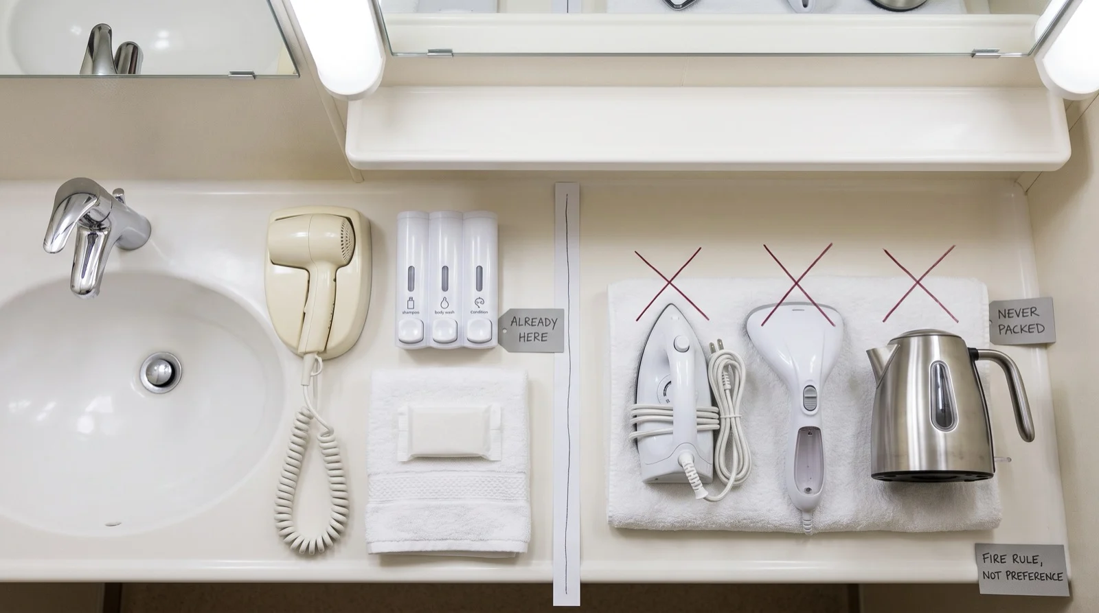 Cruise cabin bathroom counter split in two: the hair dryer, dispensers and towels the ship already provides, against the iron, steamer and kettle that are never packed