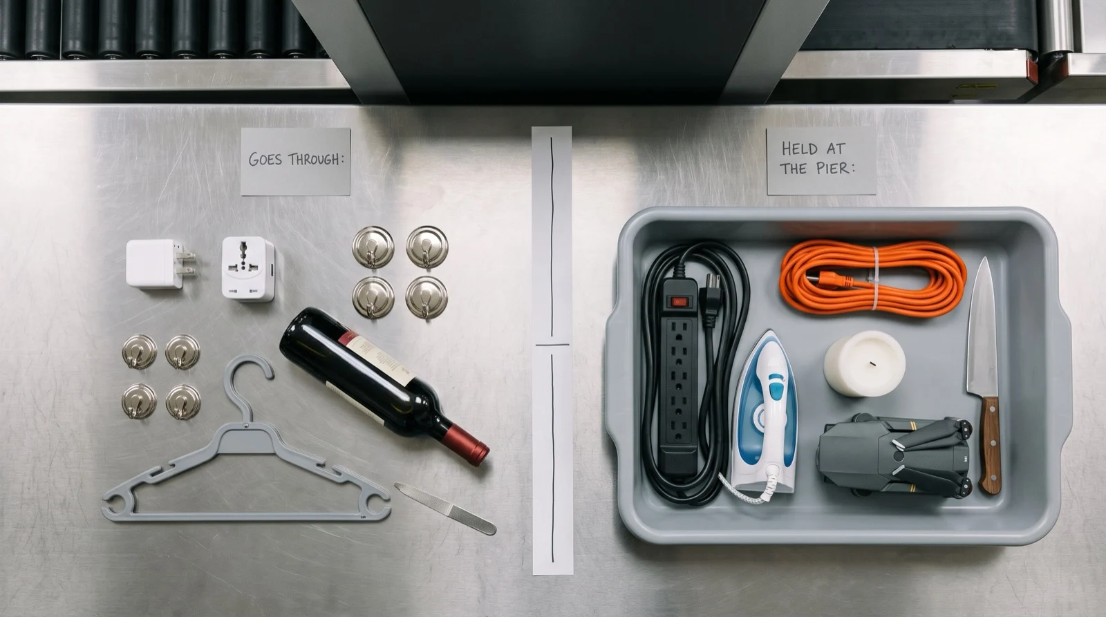 Cruise terminal security table with two groups of items: adapters, magnetic hooks and a wine bottle that go through, against a surge strip, extension cord and candle held at the pier