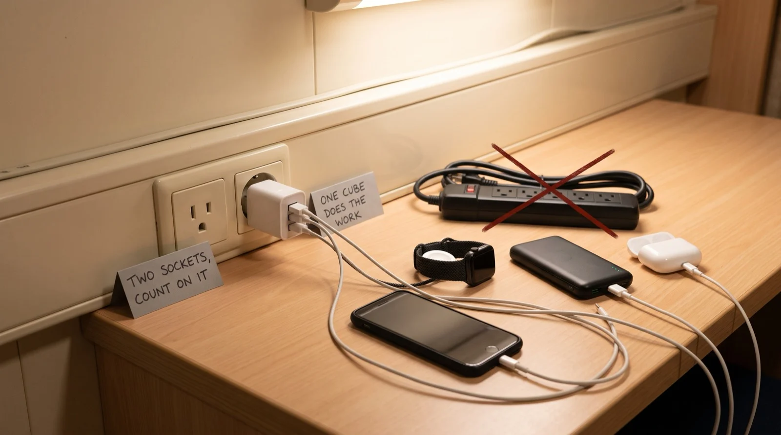 Cruise cabin desk with only two wall sockets, a four-port USB cube charging a phone, watch, power bank and earbuds, and a surge-protected power strip crossed out