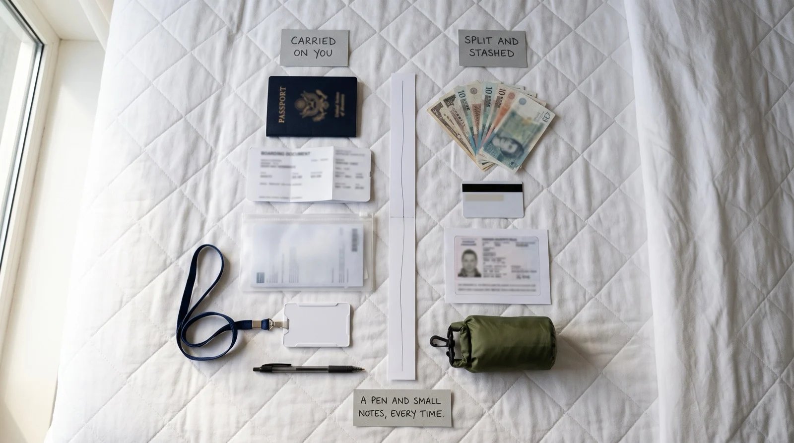 Cruise documents and money laid out on a cabin bedspread in two columns: passport, boarding document and lanyard carried on you, against small notes, a spare card and a copy split and stashed