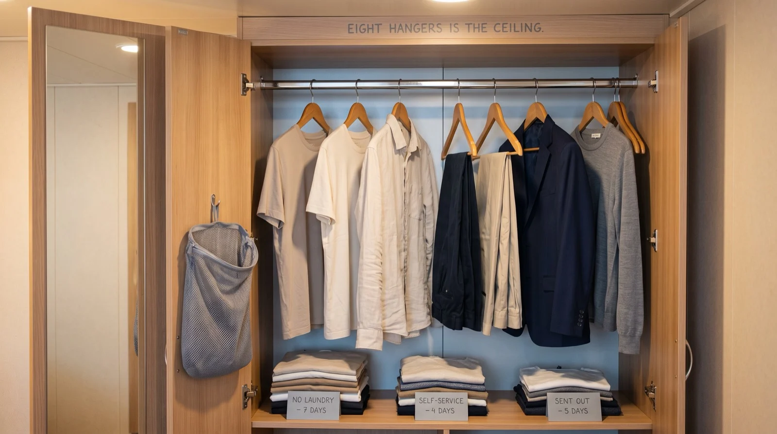Narrow cruise cabin wardrobe with eight hangers and three folded stacks of different heights labelled by laundry plan: no laundry seven days, self-service four days, sent out five days