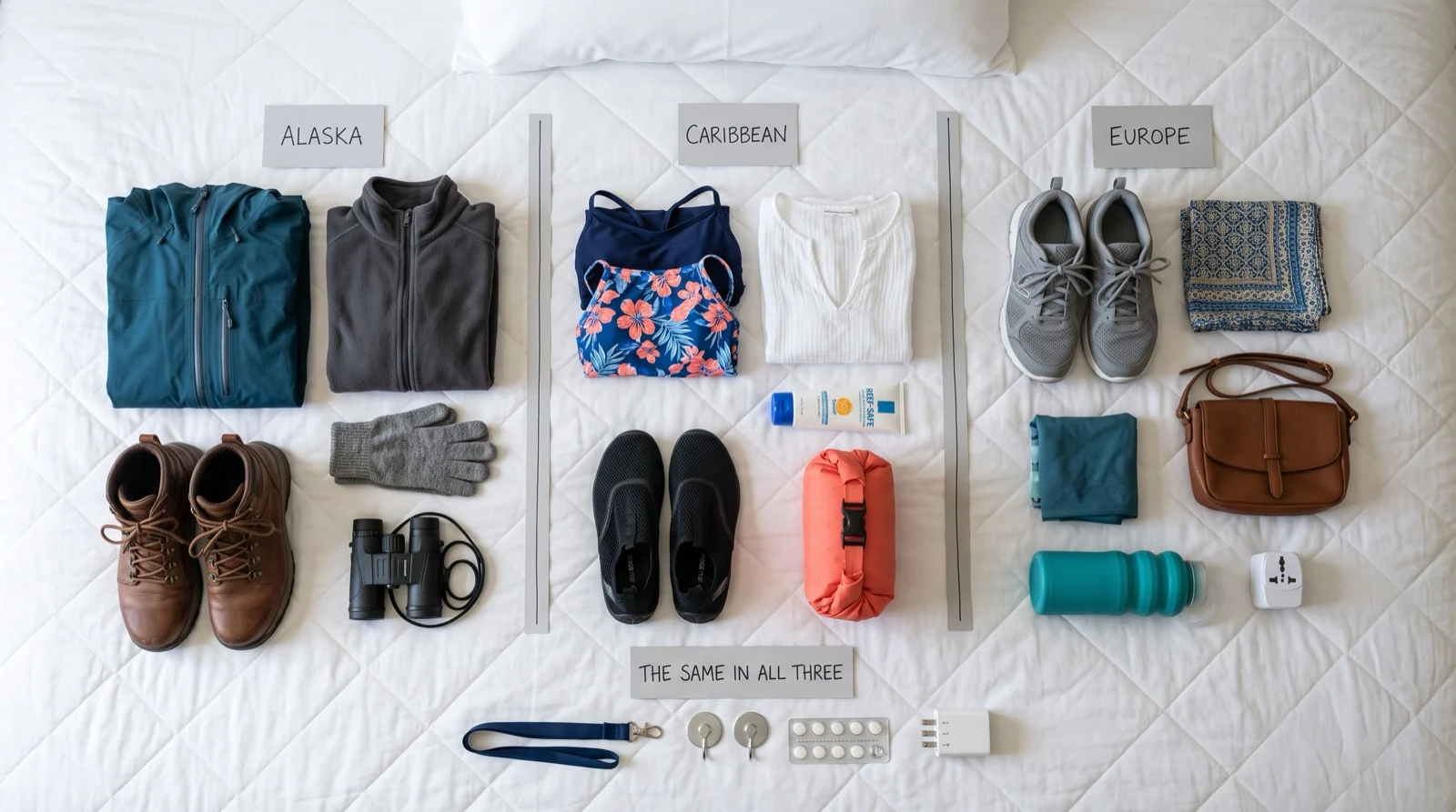 Three cruise packing layouts side by side on a bed for Alaska, Caribbean and Europe, with the same lanyard, magnetic hooks, tablets and charging cube repeated below all three