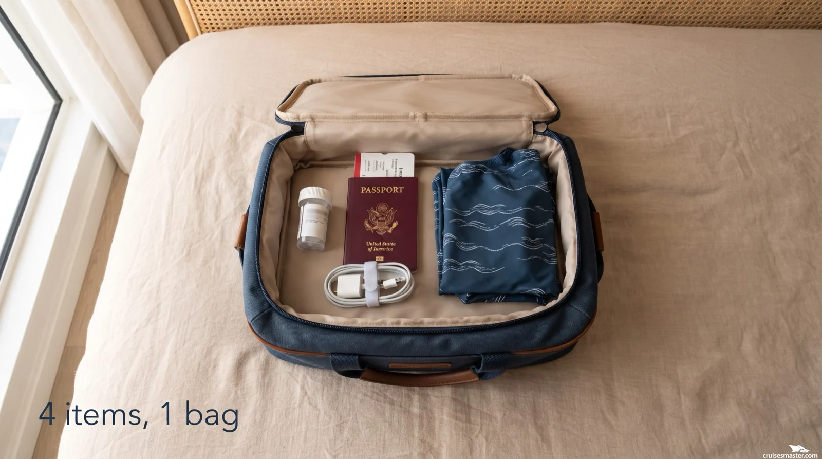 Carry-on bag packed with the four first-cruise essentials laid out: medication, travel documents, a charger, and a swimsuit