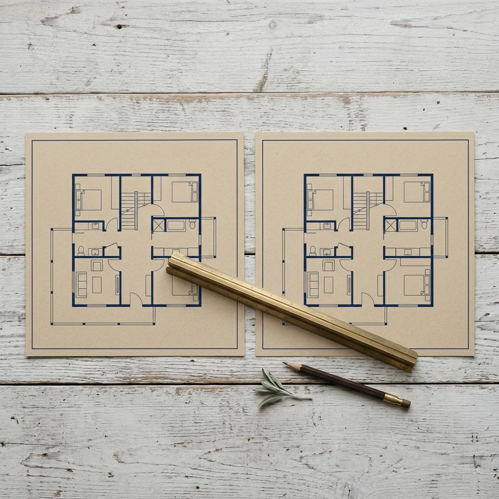 Two cabin floor plans compared side by side with a ruler