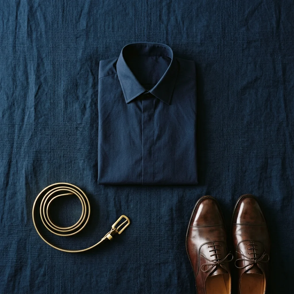 Folded formal night shirt with belt and dress shoes