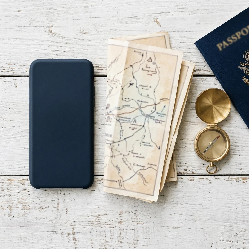 Phone, map and compass laid out for a cruise port day