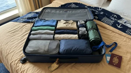 Open suitcase packed for a cruise laid out on a bed