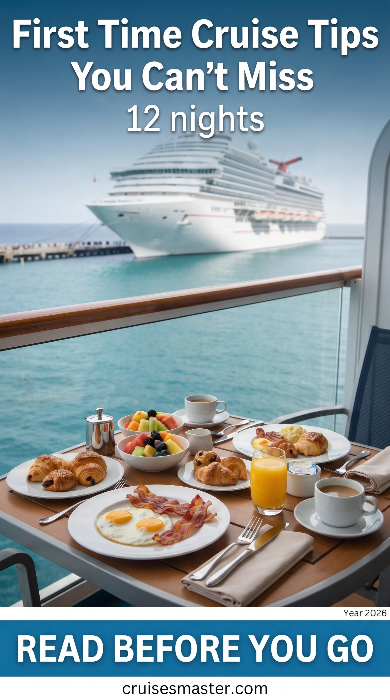First Time Cruise Tips — a cruise ship terminal walkway with a step-by-step boarding checklist overlay, similar to Cruise Ship Tips.