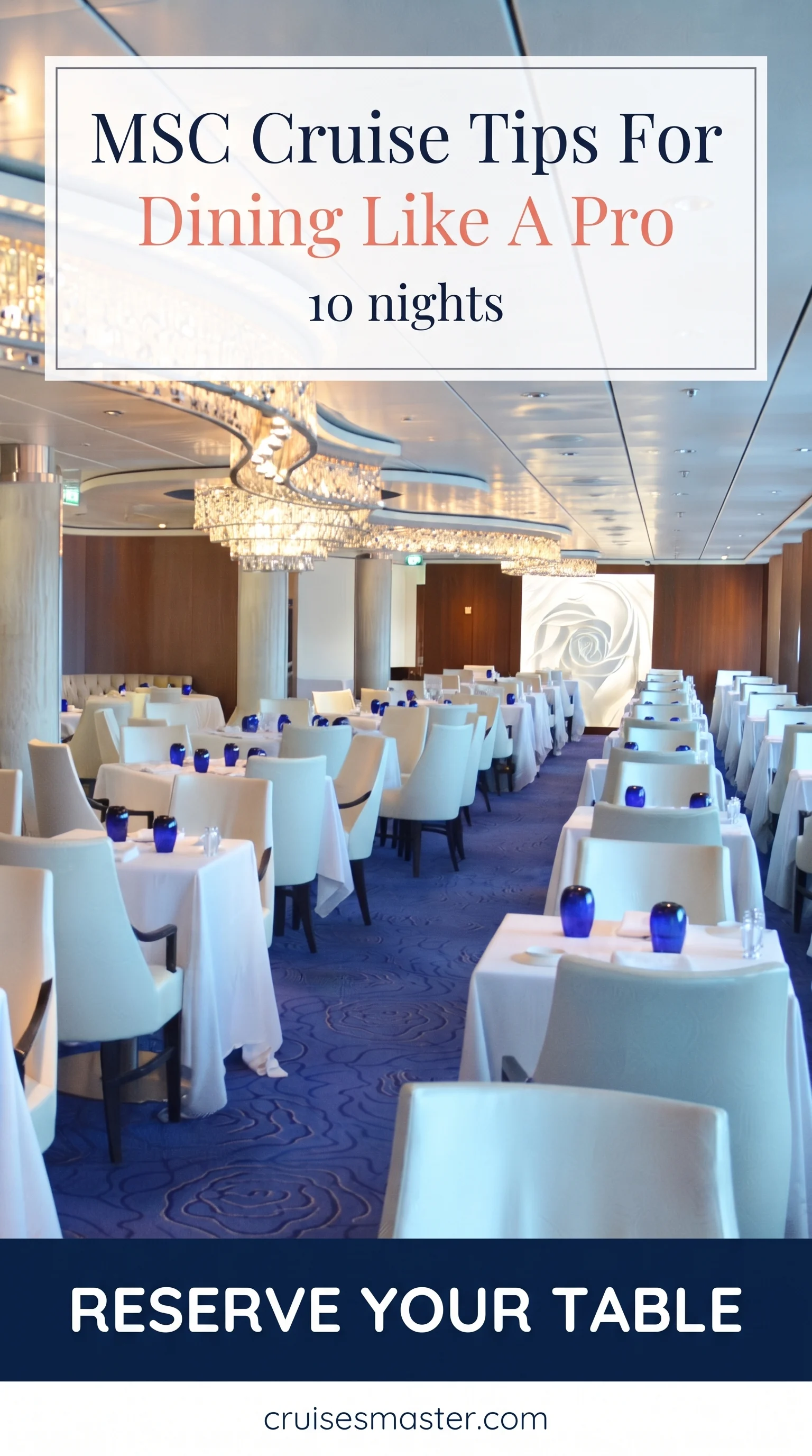 MSC Cruise Tips — a dining room table set for the first formal night aboard, similar to NCL Cruise Tips.