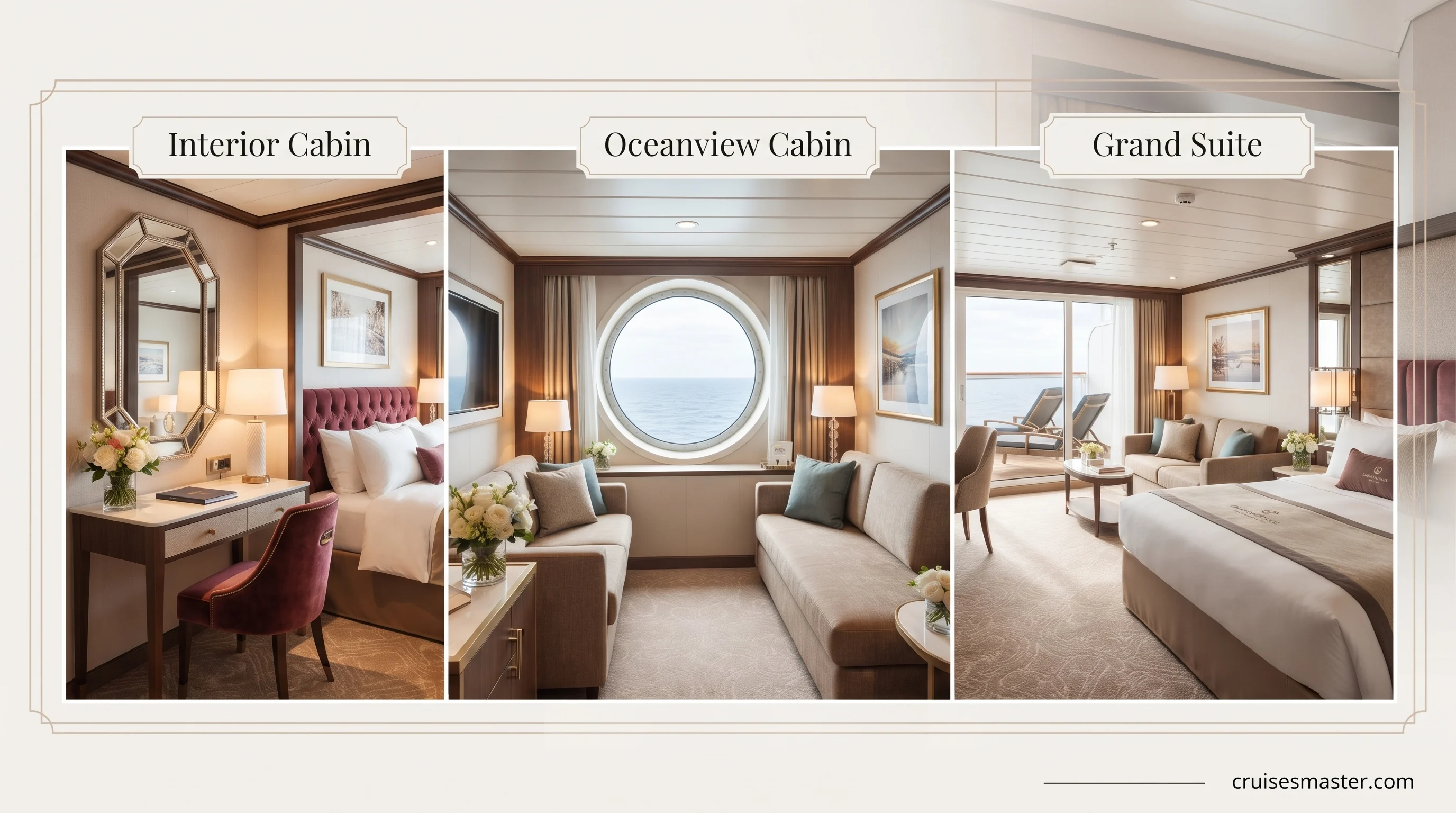 Landscape graphic comparing cruise cabin categories with labeled panels for interior, oceanview, balcony and suite