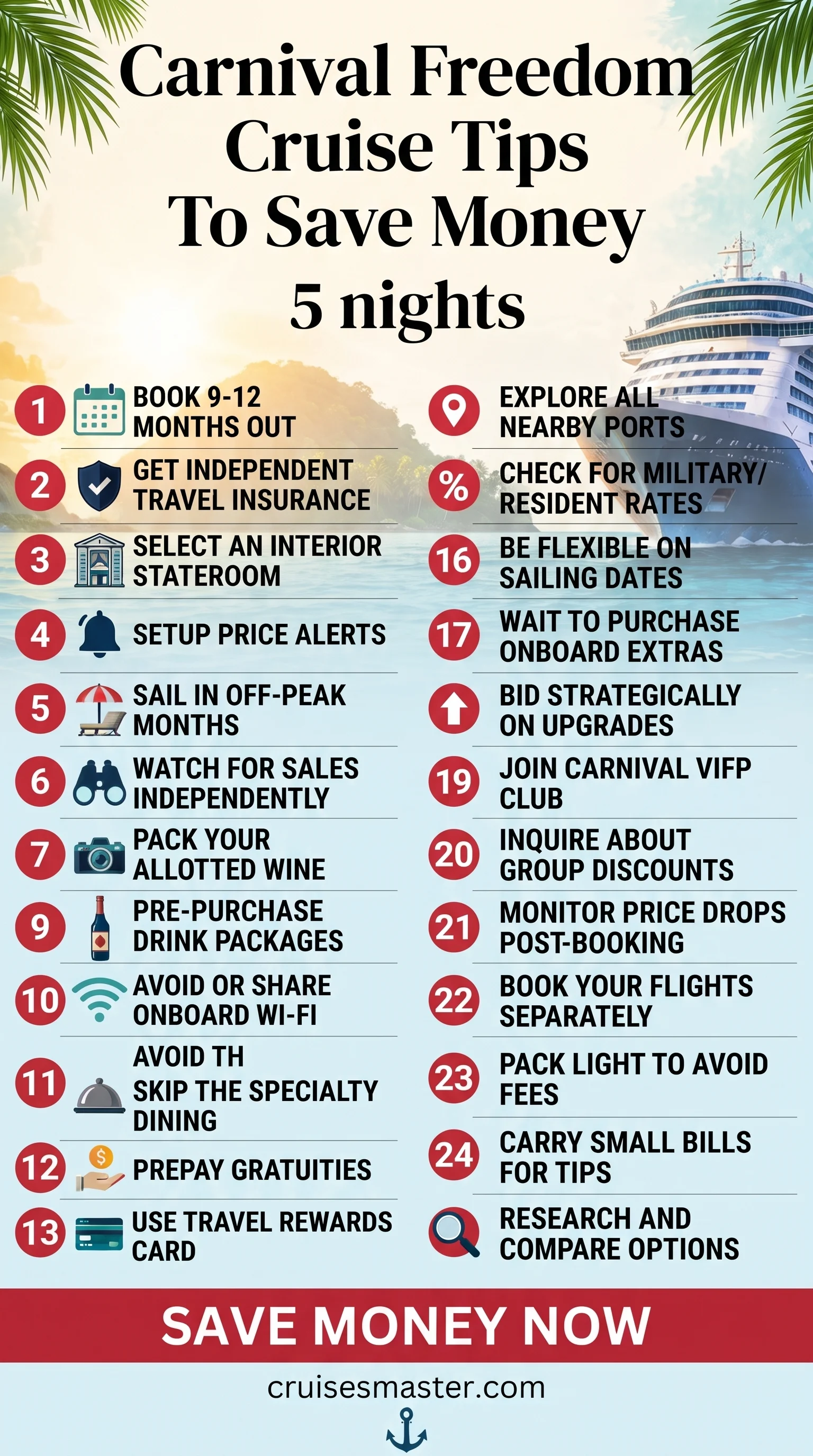 Carnival Freedom Cruise Tips — a folio bill beside a room key card on a cabin desk, similar to Cruise Tips With Kids.