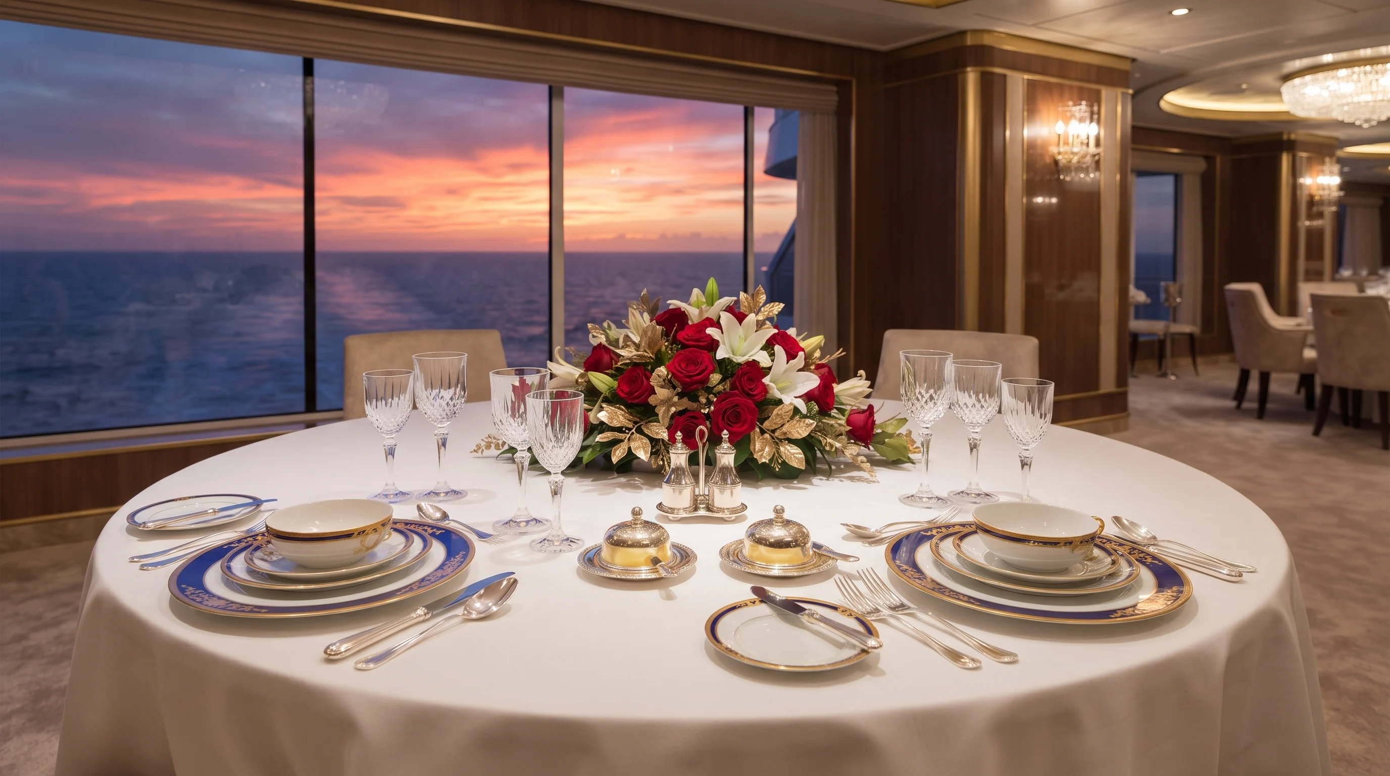Elegantly set dinner table in a cruise ship specialty restaurant