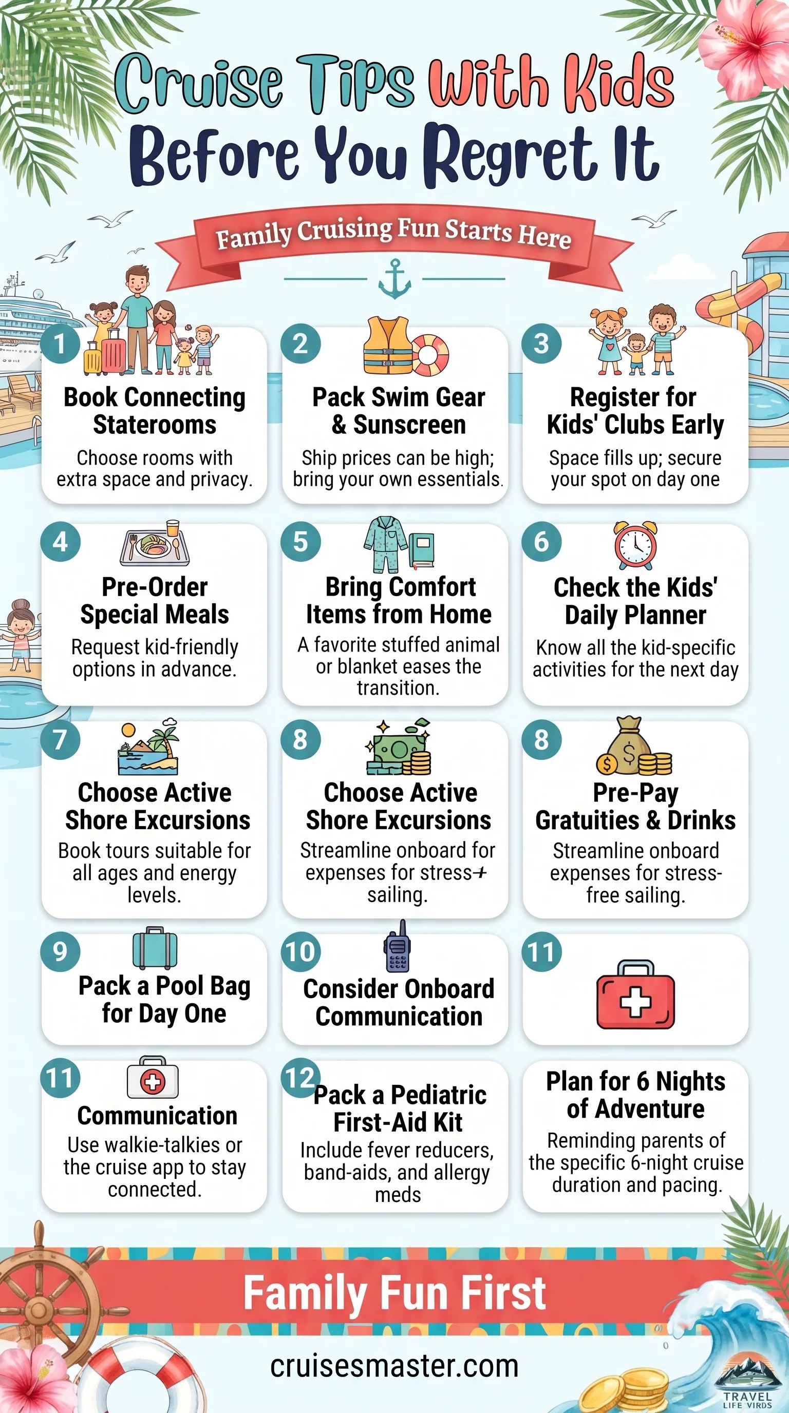 Cruise Tips With Kids — a family settling into a cabin together on boarding afternoon, similar to First Cruise Tips.