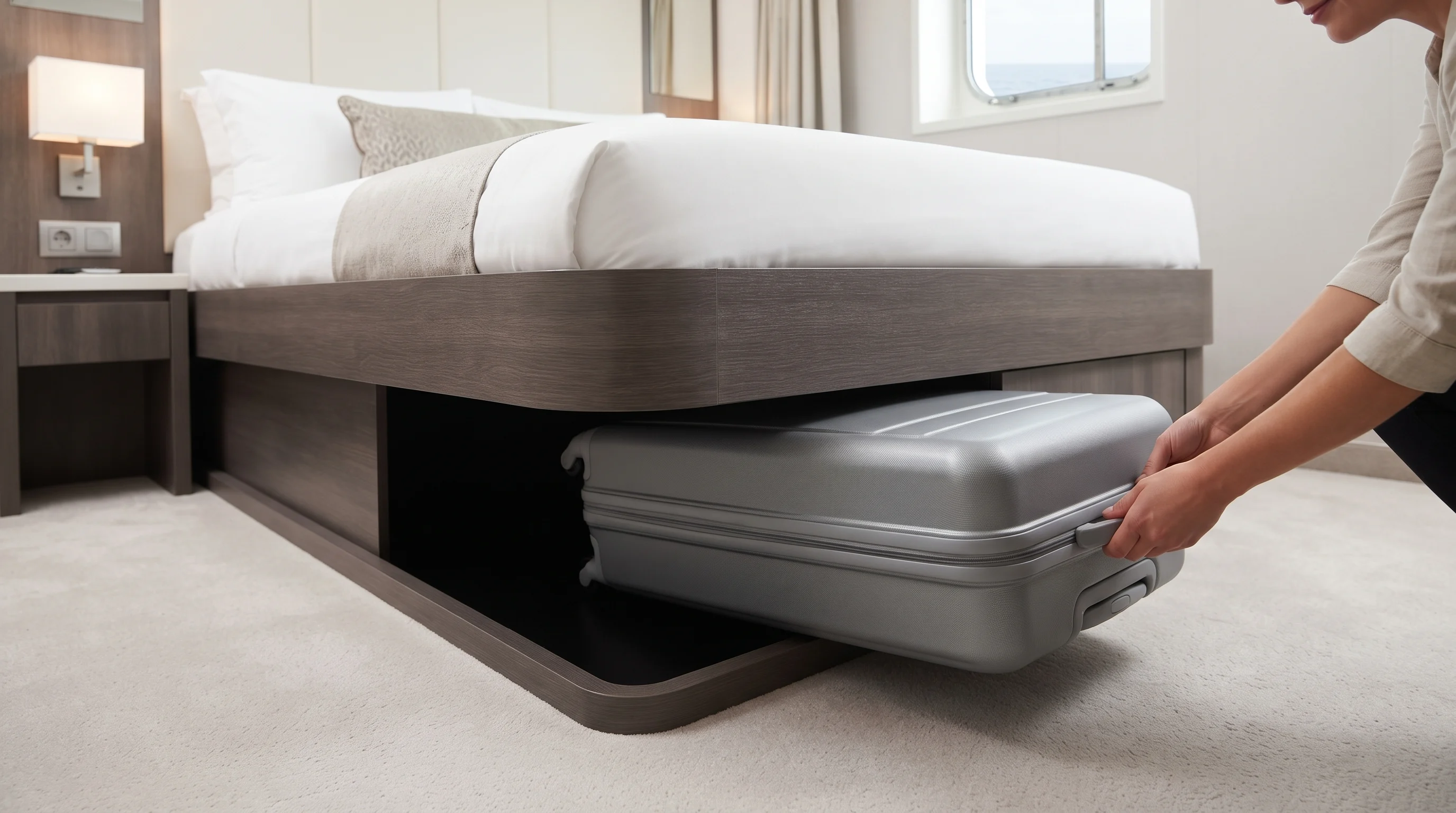 Suitcase sliding smoothly under a cruise cabin bed to free up floor space