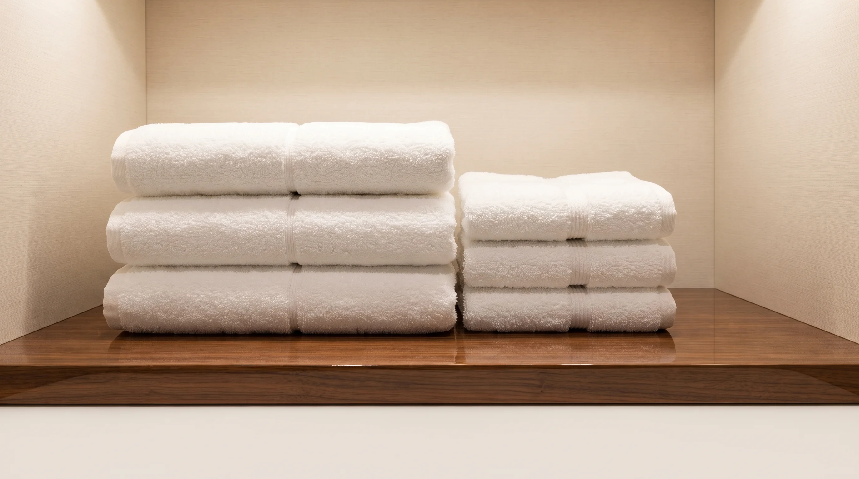 Stacked towels on an open cabin shelf next to folded clothes