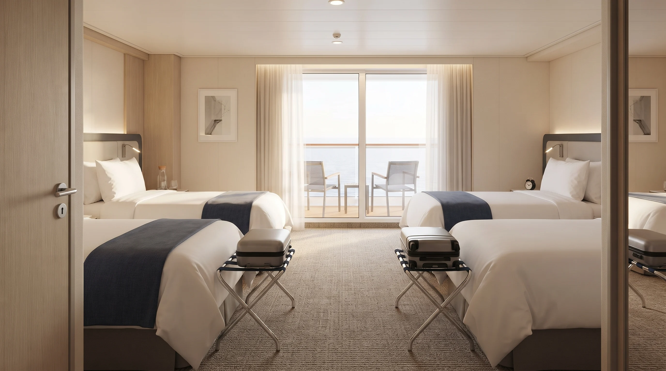 Wider view of a cruise cabin with twin beds, a balcony door and luggage racks visible