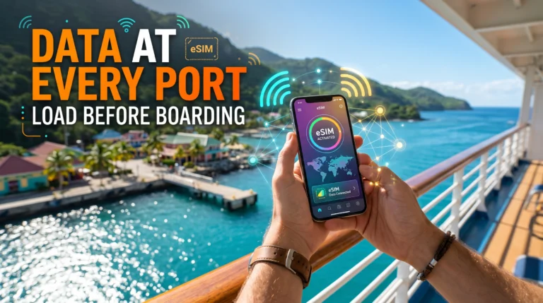 Phone showing an activated eSIM on a cruise ship deck