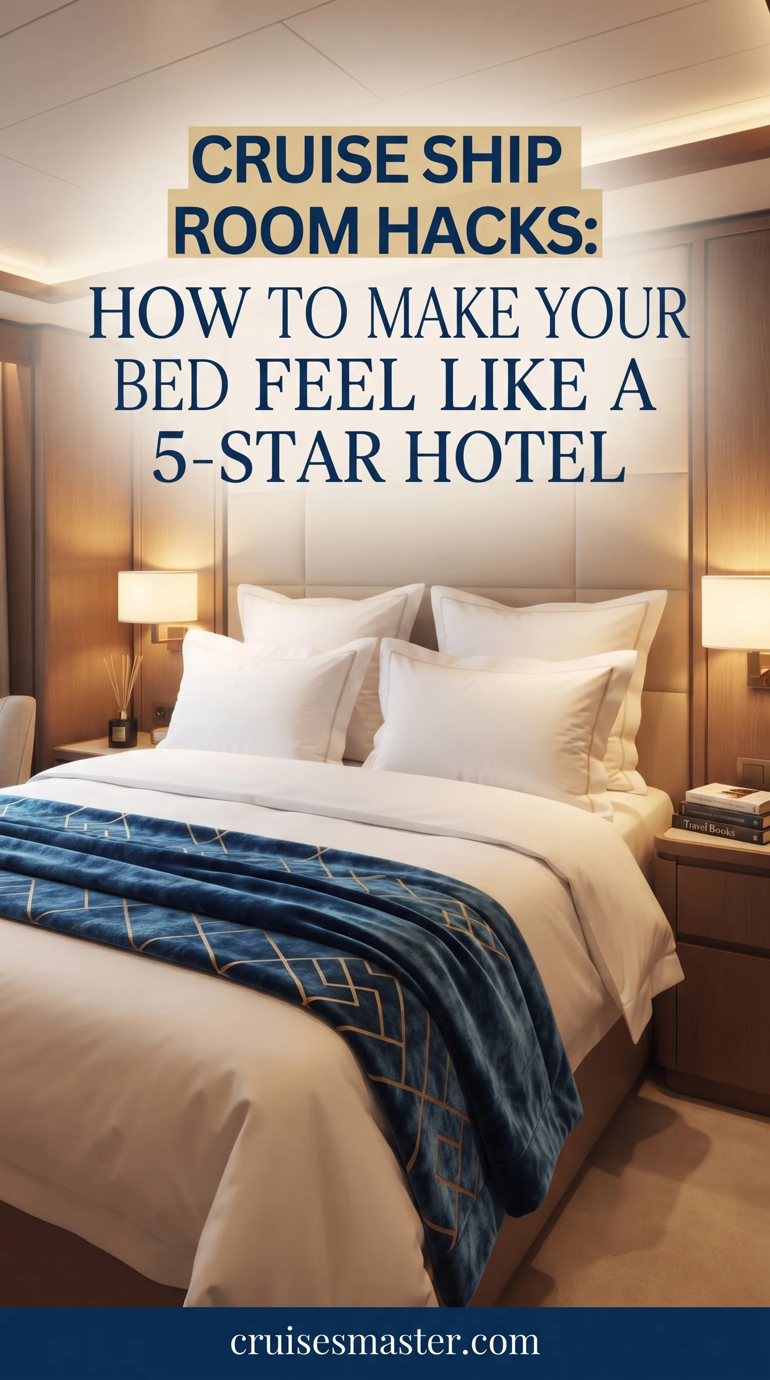 Cruise cabin bed made up with extra pillows and a throw to feel like a 5-star hotel room