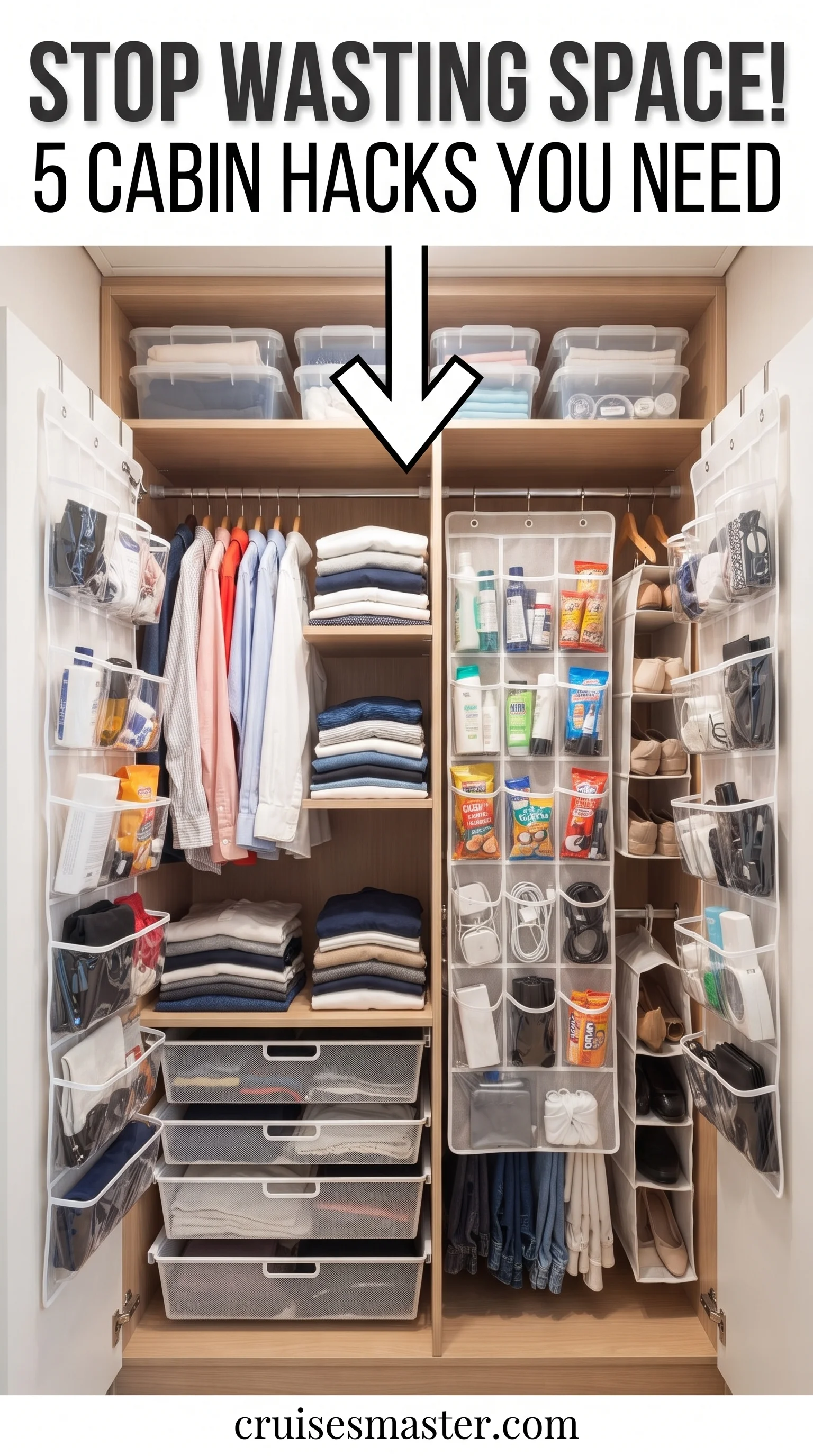 Organized cruise cabin closet with packing cubes, folded clothes and a door-hung organizer for shoes and cables