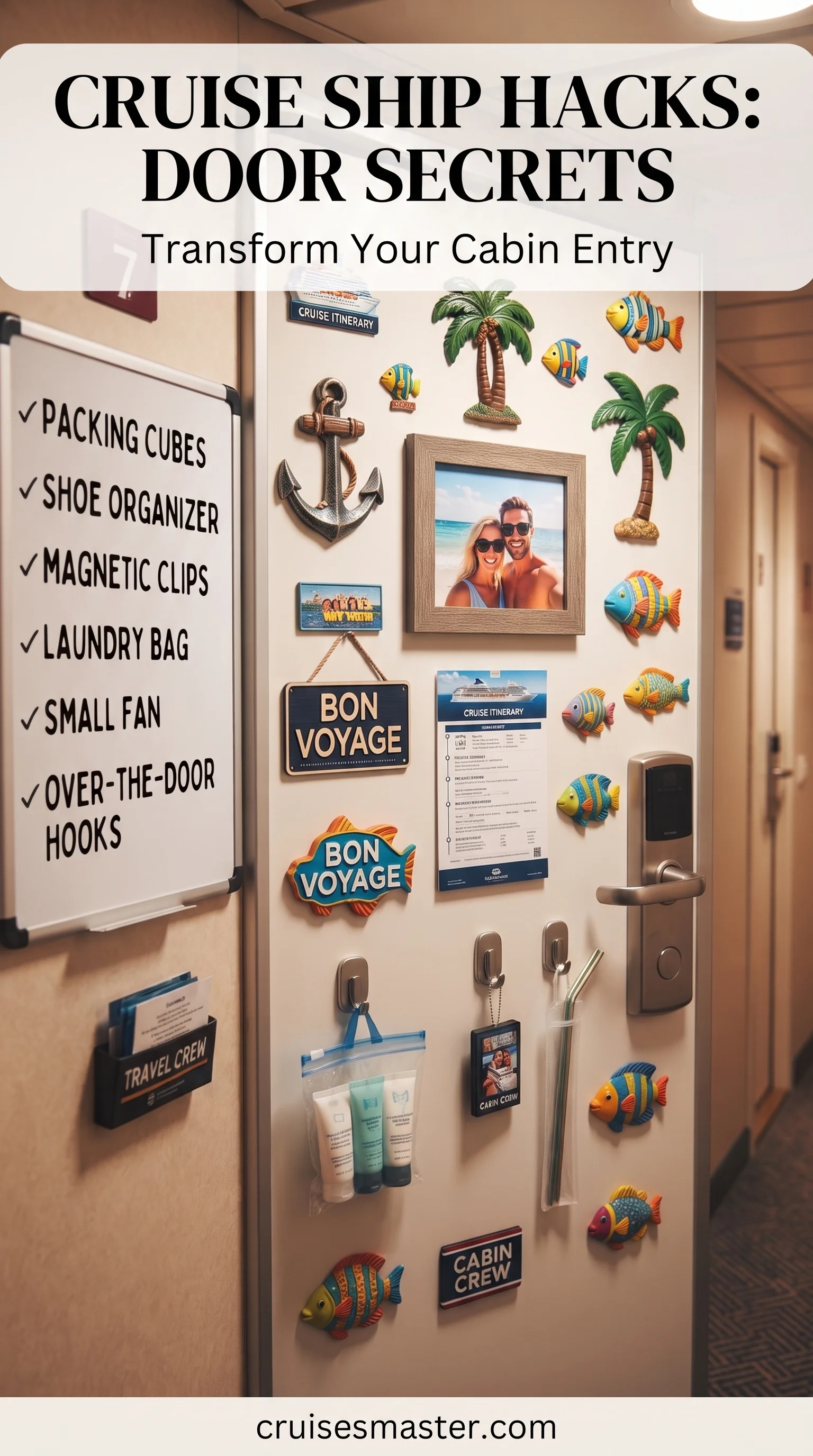 Checklist of cruise cabin door hacks: packing cubes, shoe organizer, magnetic clips, laundry bag and over-the-door hooks