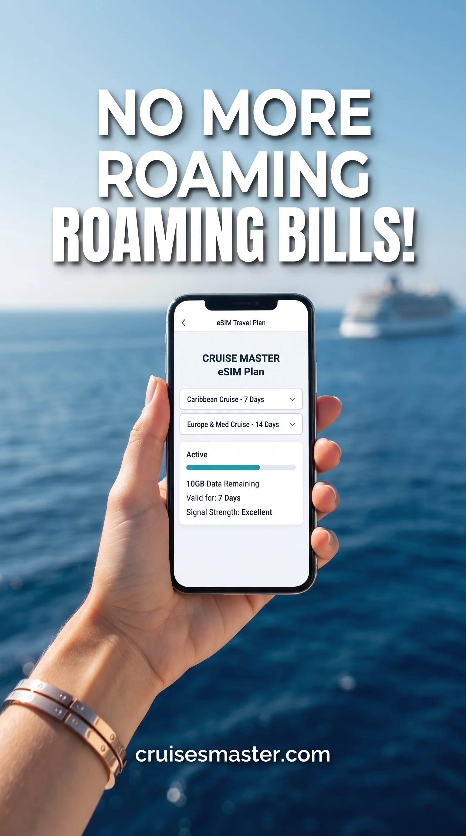 Phone showing an active eSIM data plan held up against the ocean with the cruise ship in the background