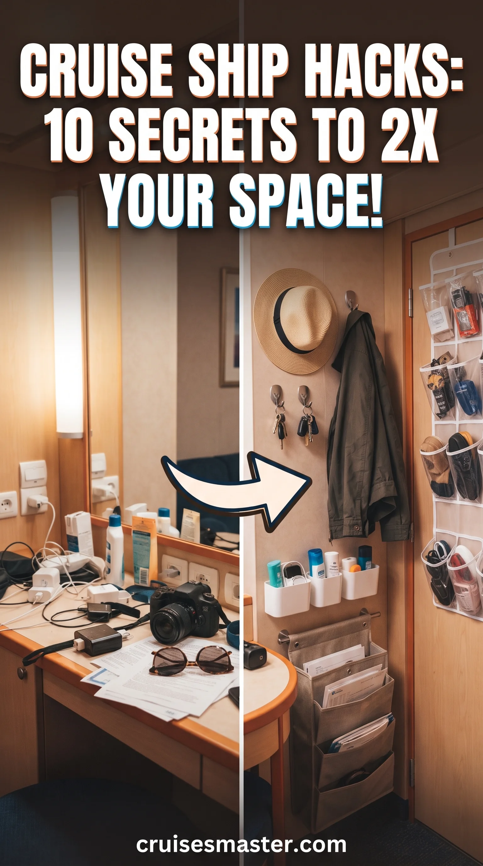 Before and after a cruise cabin desk, hooks added for a hat, keys and jacket the hour bags arrive