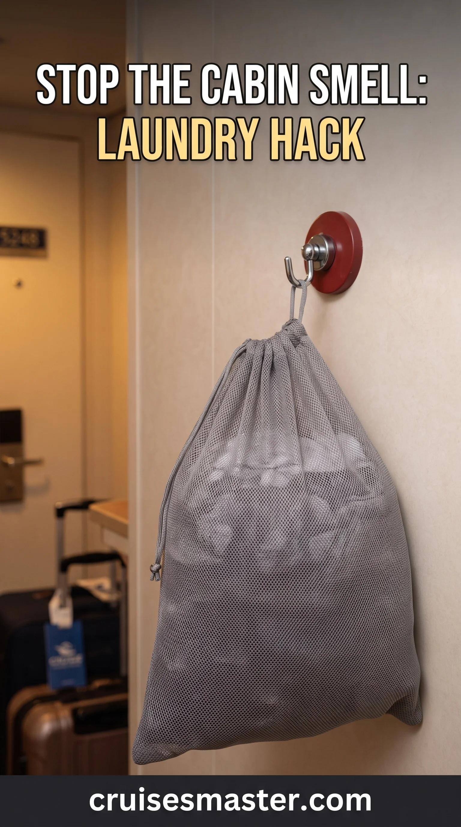 Laundry bag hanging from a hook by the cruise cabin closet to keep dirty clothes off the floor