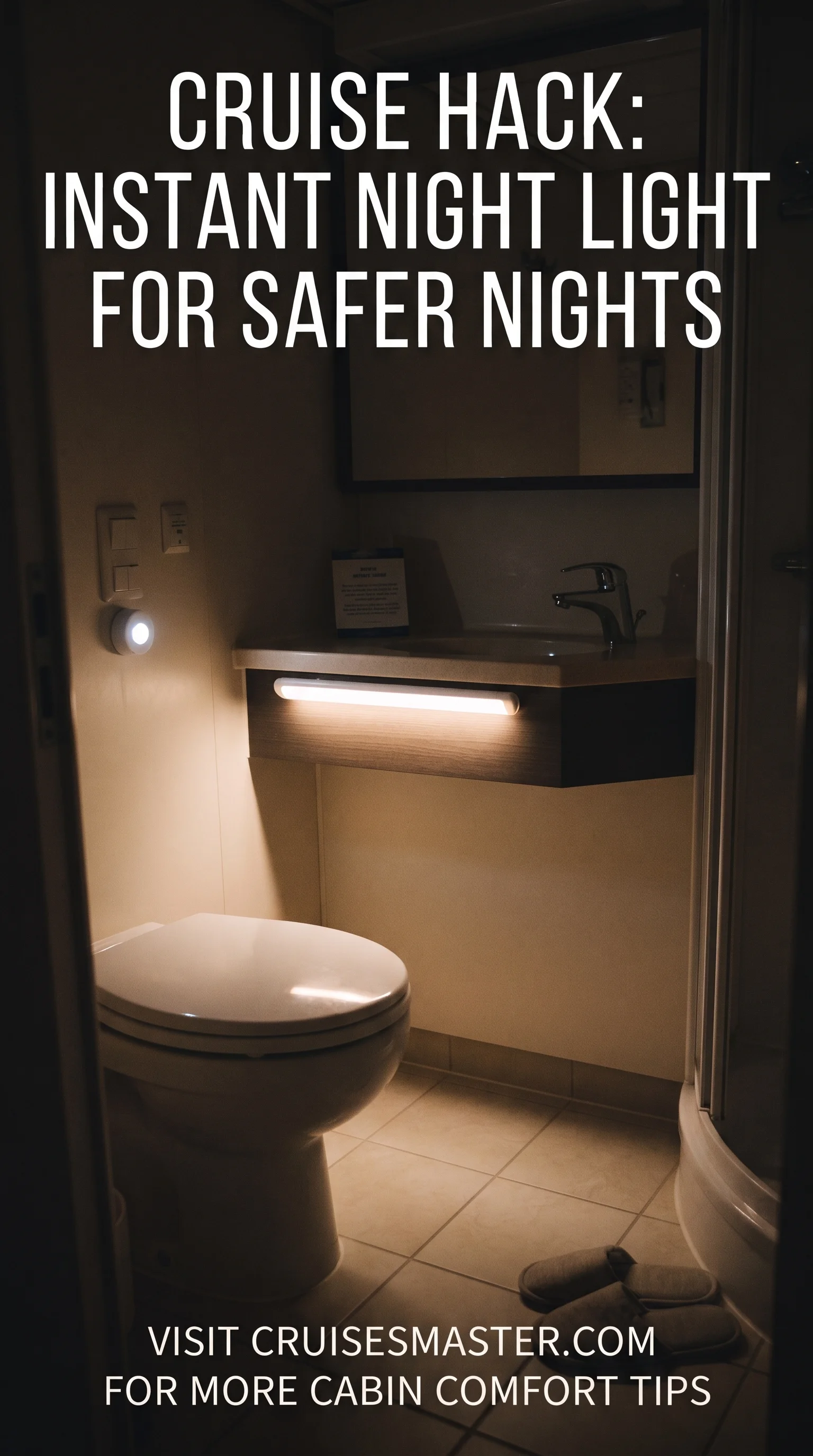Small motion-sensor night-light near a cruise cabin bathroom door for a 3 a.m. walk