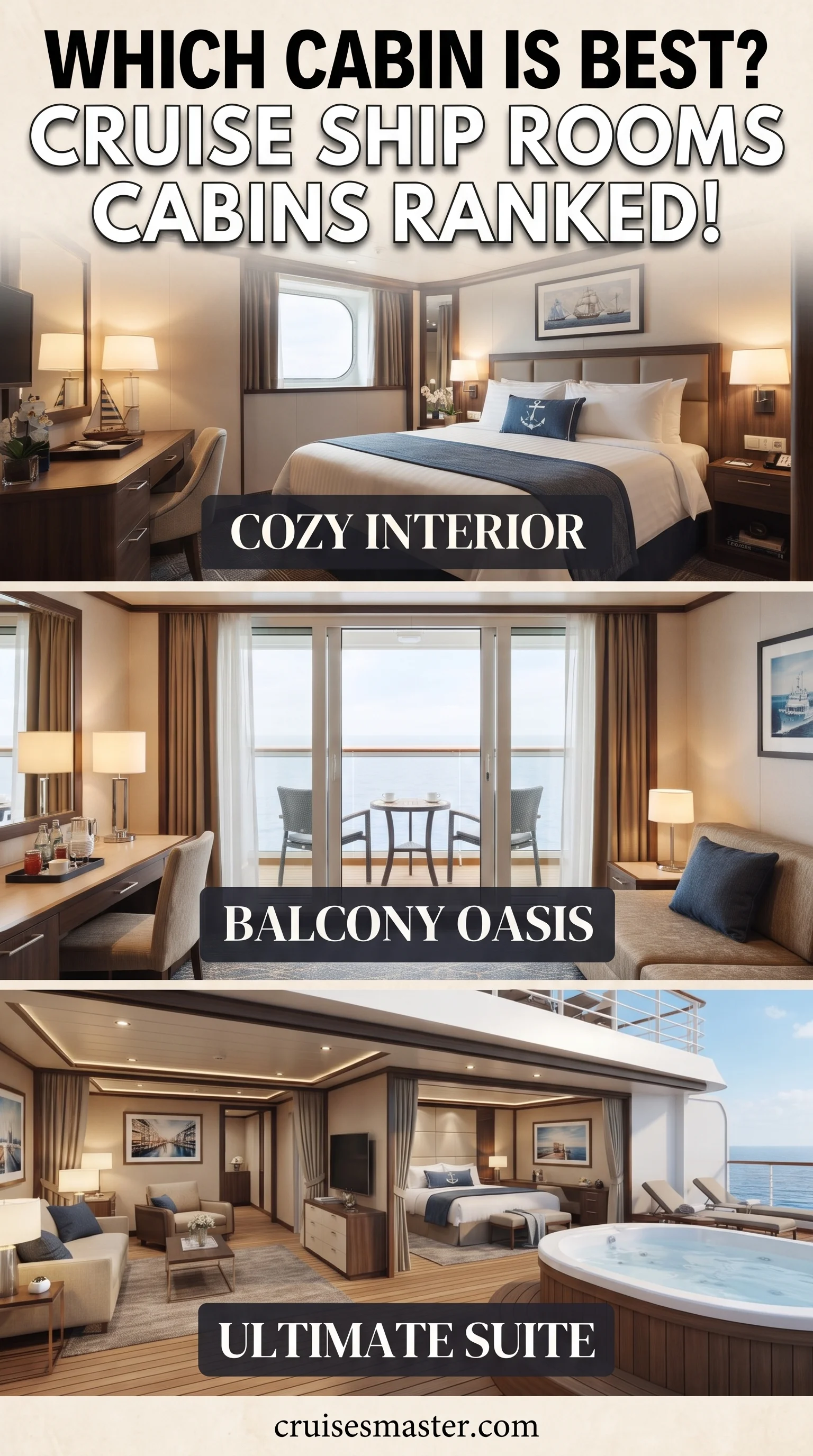 Three cruise cabin types compared side by side: interior cozy room, balcony oasis and a suite with a hot tub