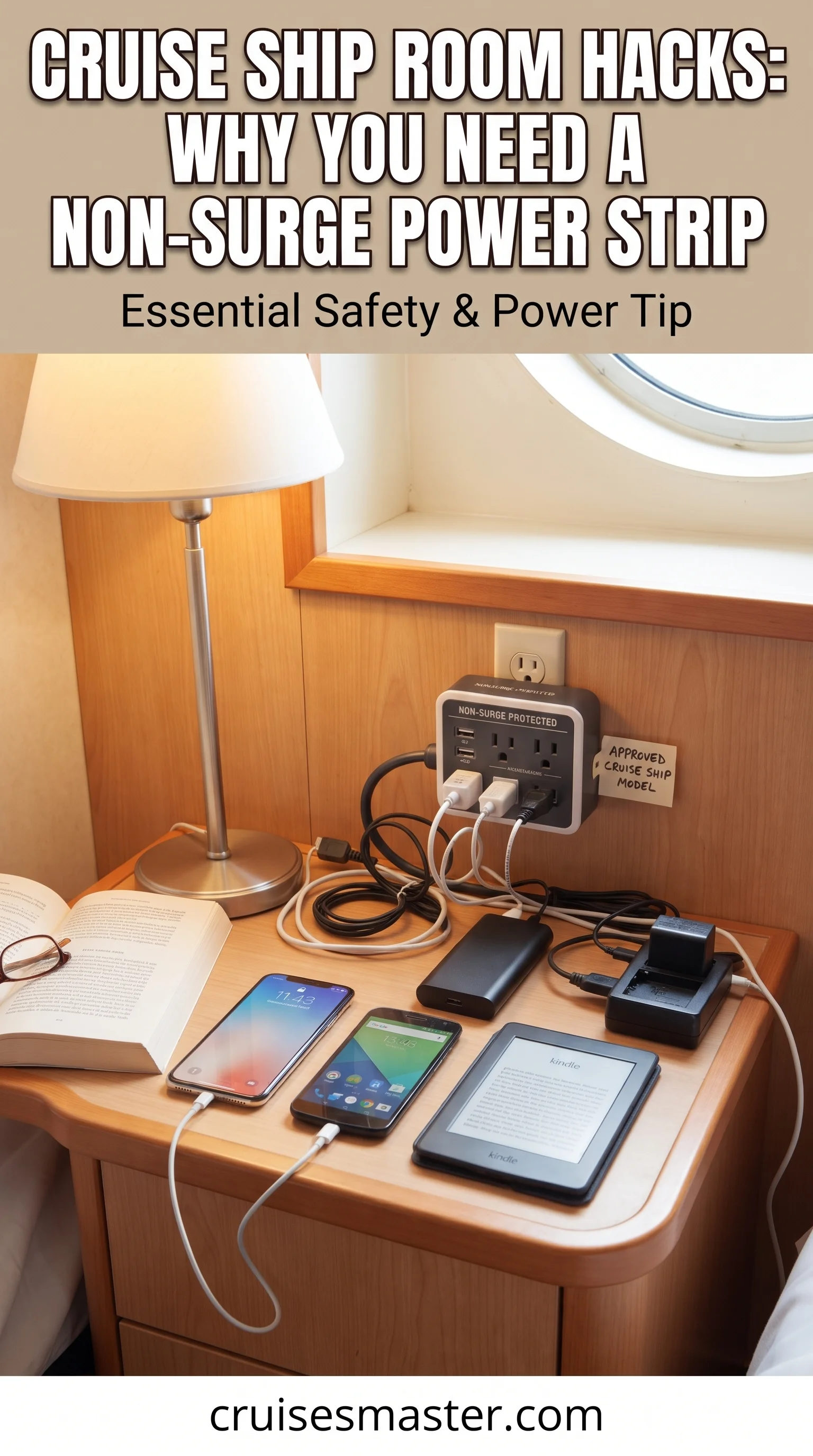 Phones, a tablet and an e-reader charging from one non-surge power strip on a cruise cabin nightstand