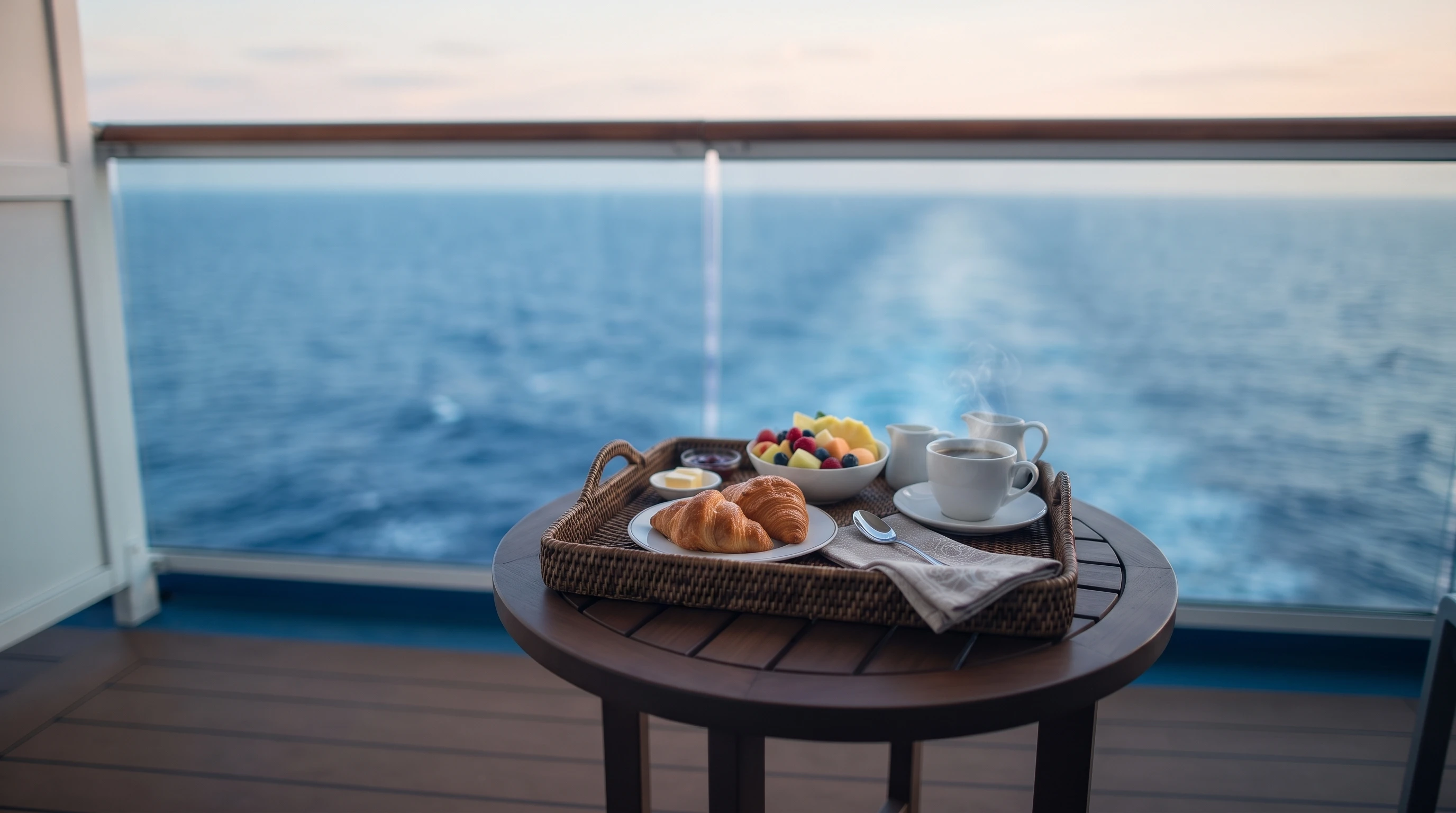 Breakfast delivered and set up on a cruise ship cabin balcony