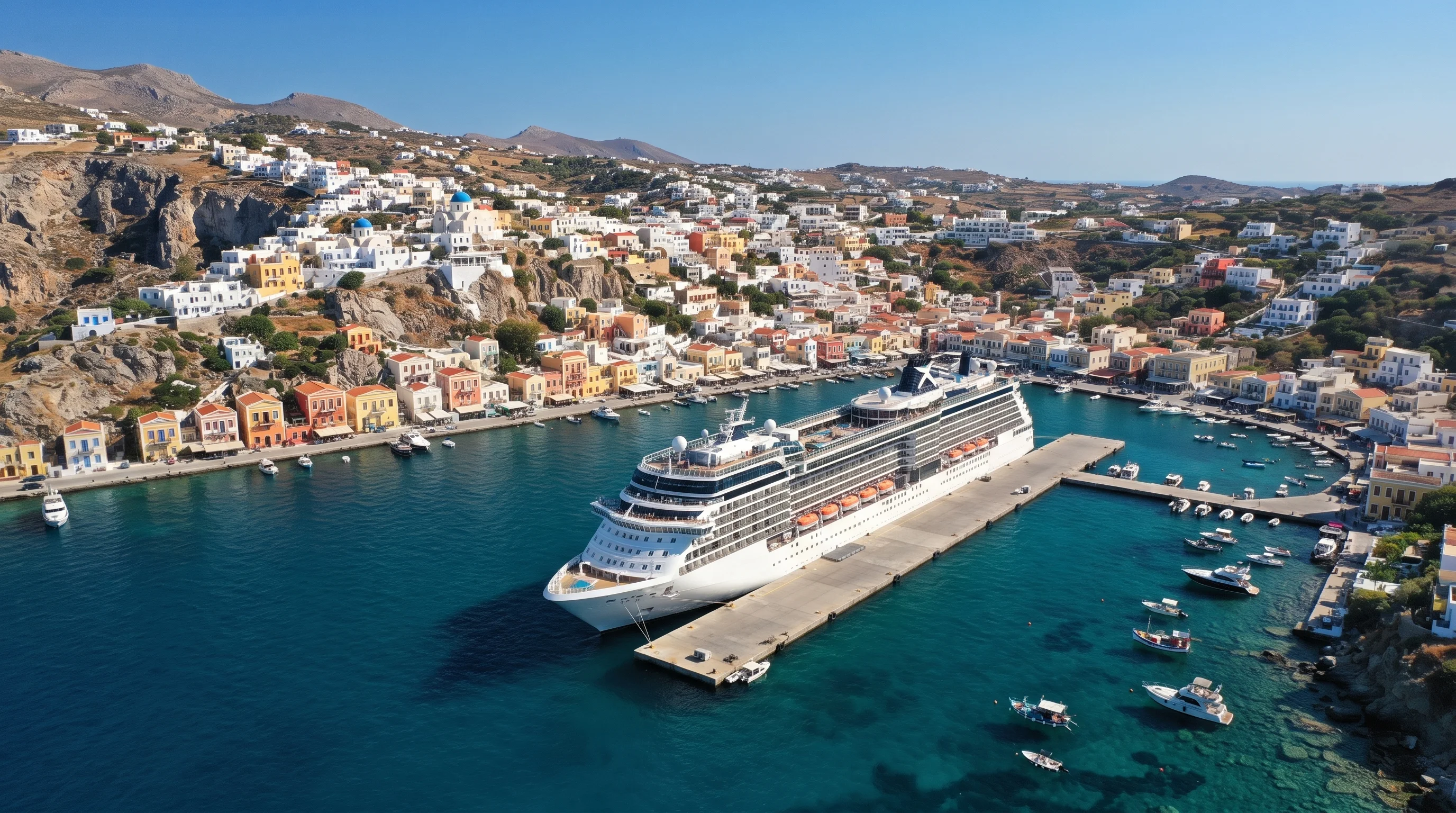 Cruise ship docked in port with an aerial view of the harbor