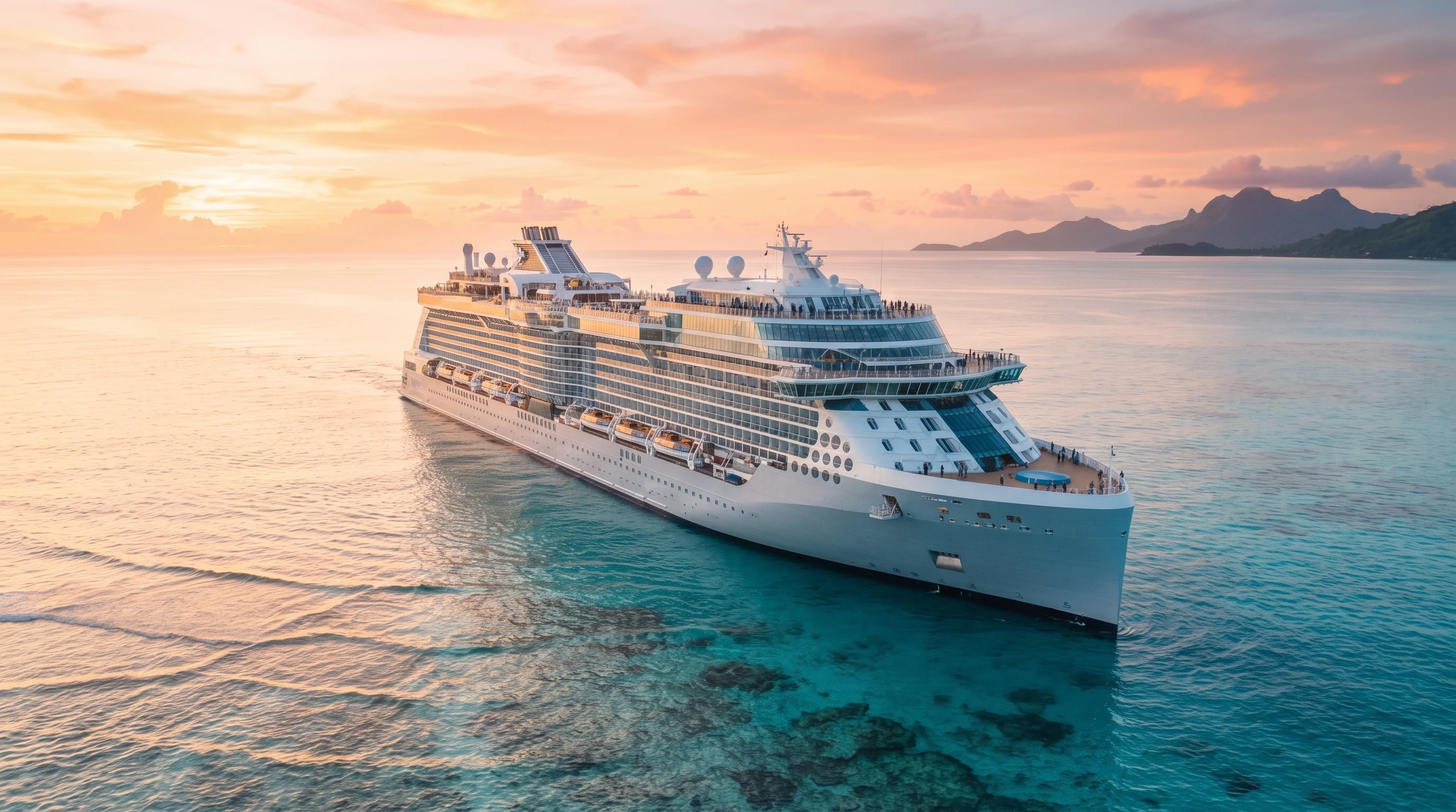 Cruise ship sailing calm open water during a quiet sailaway