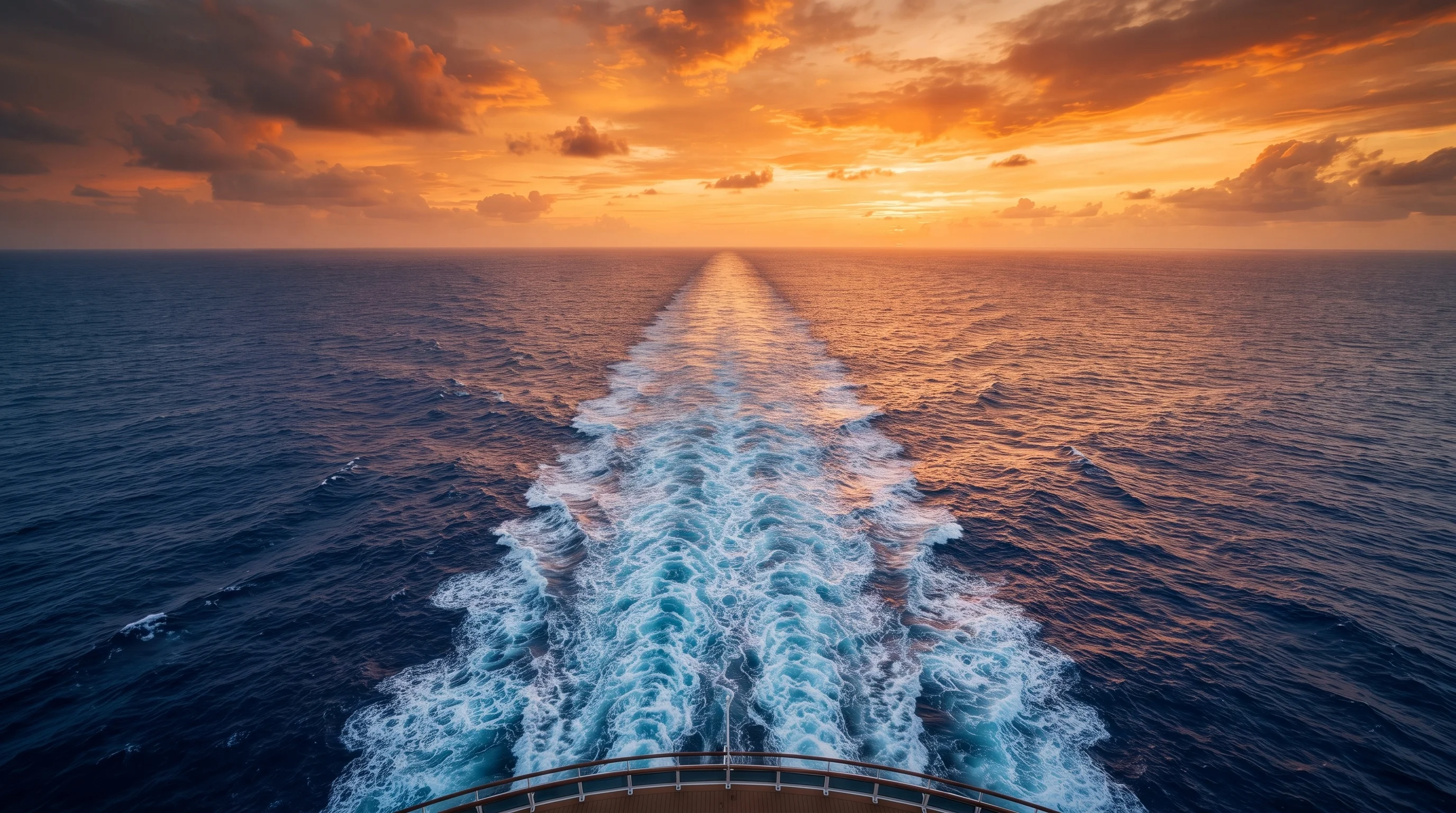Cruise ship wake trailing across the ocean at sunset